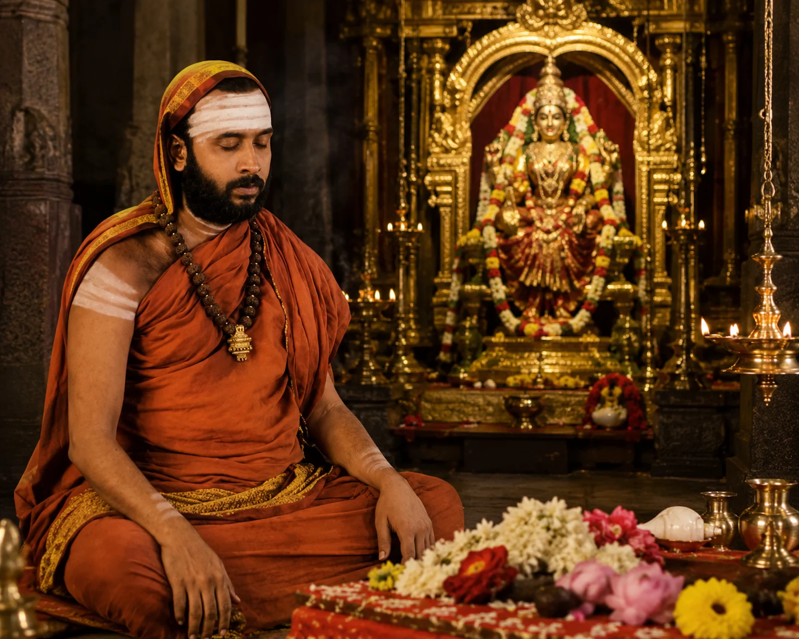 A sannyāsin seated in worship before a golden shrine of the Devī, lamps and flowers set before him, his eyes lowered.