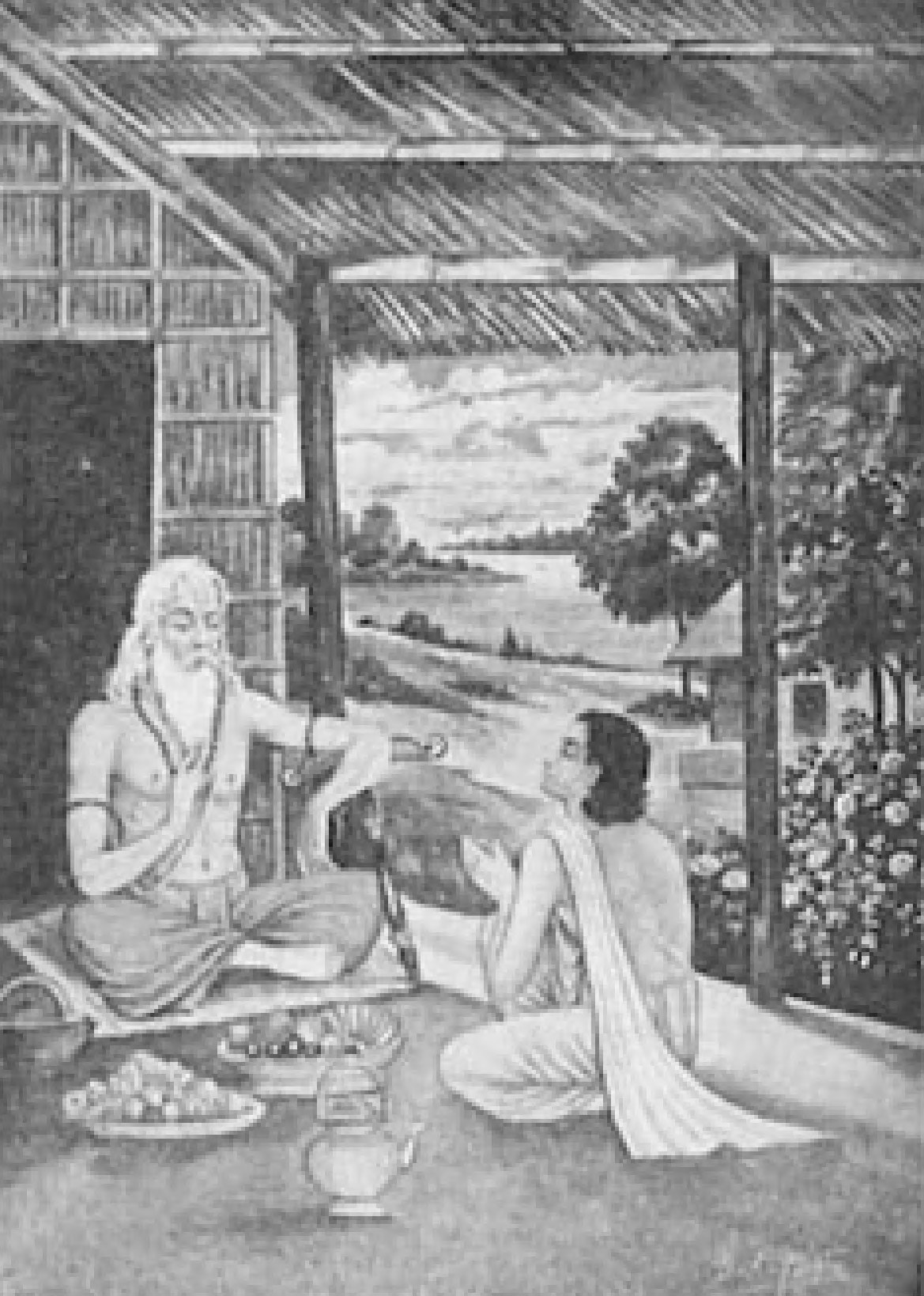 A GURU AND DISCIPLE
Forest hermitages were the ancient seats of learning, secular and divine, for the youth of India. Here a venerable guru, leaning on a wooden meditation elbow-prop, is initiating his disciple into the august mysteries of Spirit.
