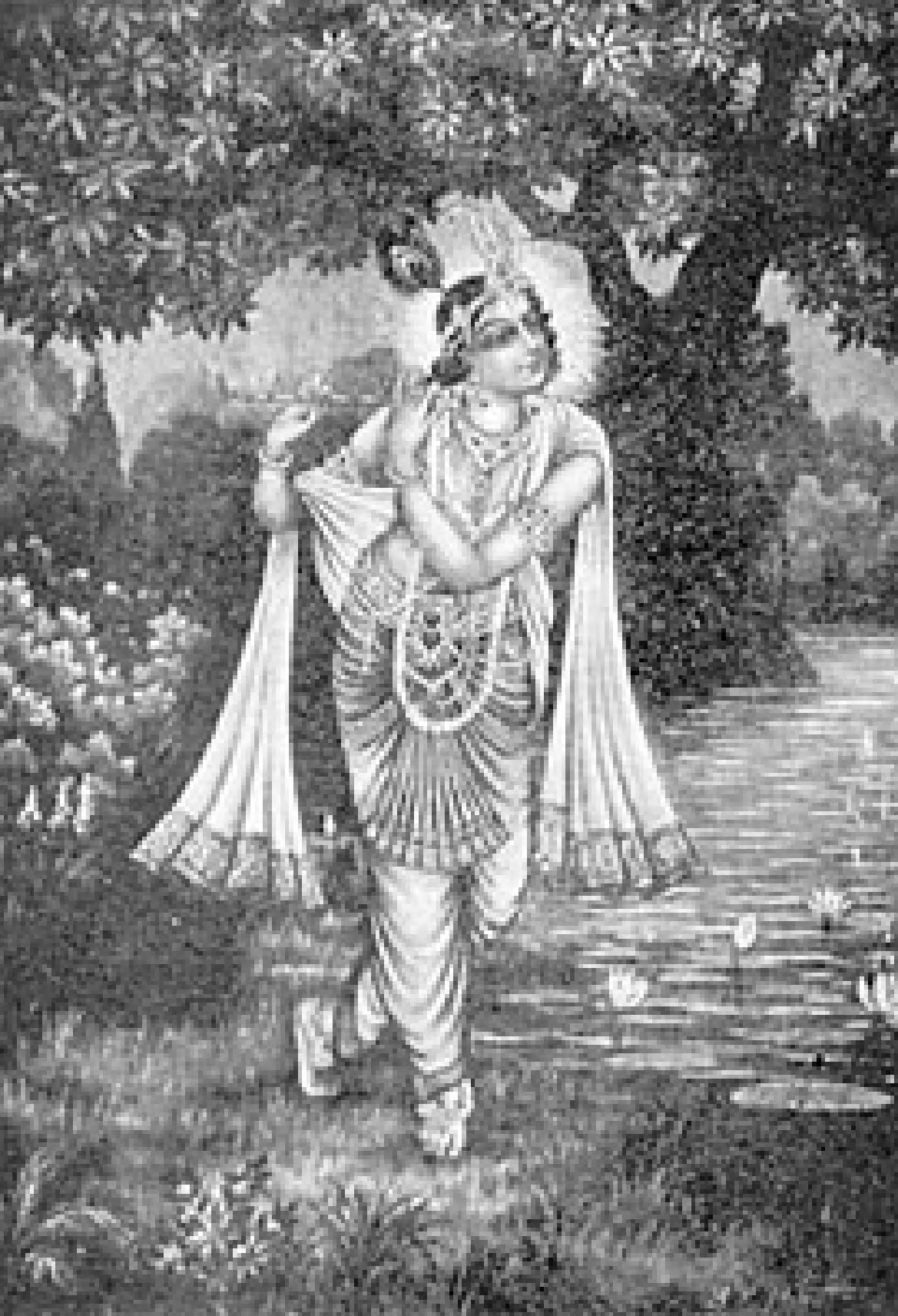 KRISHNA, ANCIENT PROPHET OF INDIA
A modern artist’s conception of the divine teacher whose spiritual counsel in the Bhagavad Gita has become the Hindu Bible. Krishna is portrayed in Hindu art with a peacock feather in his hair (symbol of the Lord’s lila, play or creative sport), and carrying a flute, whose enrapturing notes awaken the devotees, one by one, from their sleep of maya or cosmic delusion.