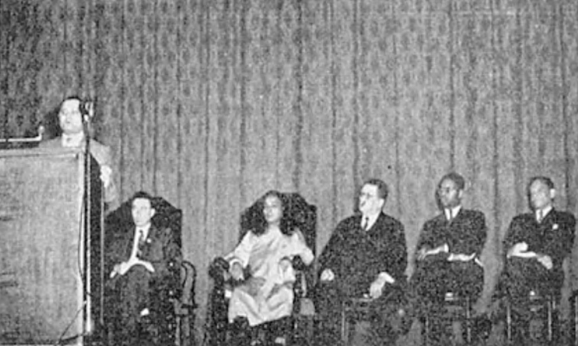 Speakers at a 1945 Interracial Meeting in San Francisco during the convening of the Peace Conference. (Left to right) Dr. Maneck Anklesaria, John Cohee, myself, Hugh E. MacBeth, Vince M.