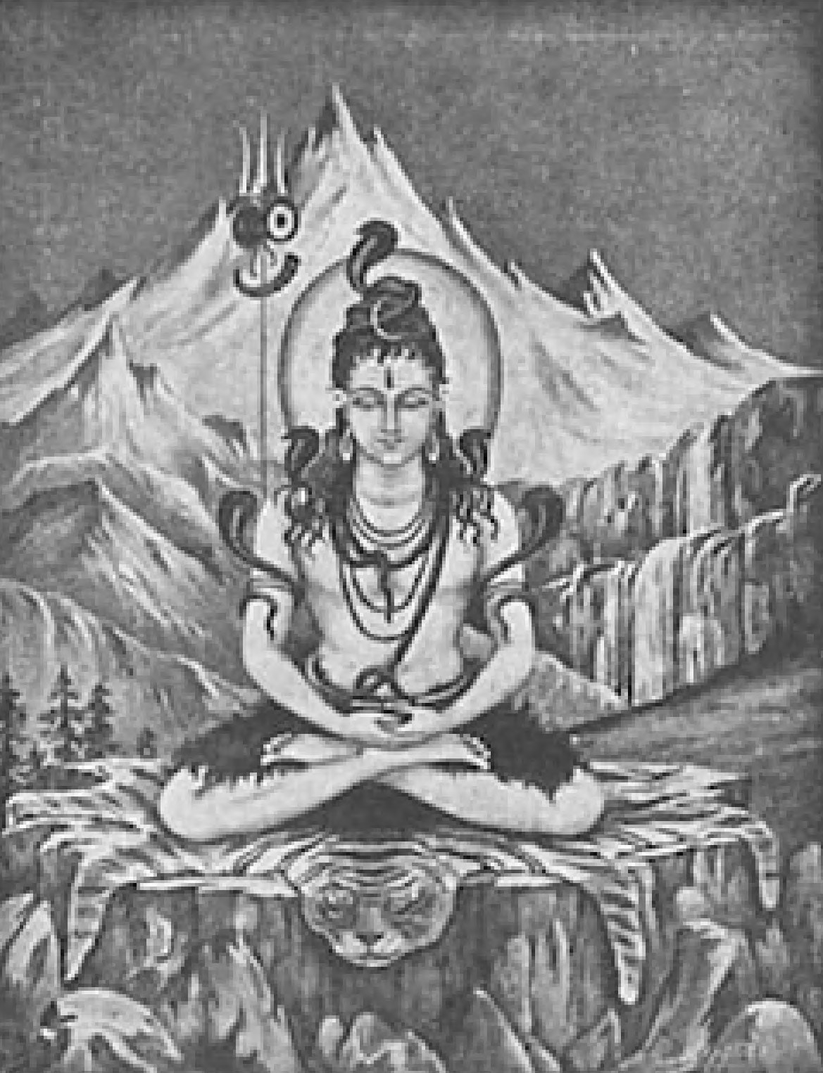 THE LORD IN HIS ASPECT AS SHIVA
Not a historical personage like Krishna, Shiva is the name given to God in the last aspect of His threefold nature (Creator-Preserver-Destroyer). Shiva, the Annihilator of maya or delusion, is symbolically represented in the scriptures as the Lord of Renunciates, the King of Yogis. In Hindu art He is always shown with the new moon in His hair, and wearing a garland of hooded snakes, ancient emblem of evil overcome and perfect wisdom. The “single” eye of omniscience is open on His forehead.