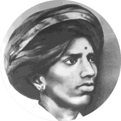 Circular black-and-white portrait of a man in a large turban with a dot on his forehead and an ear stud, looking to the side; appears to be a drawn or retouched likeness.