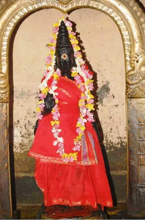 Black stone image of the Goddess dressed in a red sari and flower garlands, standing in a golden arched frame.