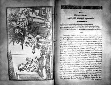 Black-and-white photograph, set at an angle, of an old open book: an engraved illustration of seated and standing figures on the left page and Tamil printed text on the right page.