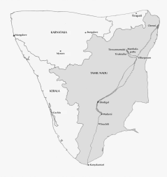 Grey outline map of southern India marking Karnataka, Kerala and Tamil Nadu, with small labels for towns including Tiruvannamalai, Villupuram, Madurai and Chennai and a railway line drawn between them, in a thin black frame. Whole picture.