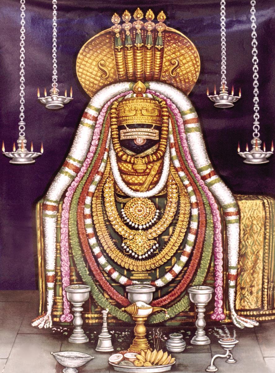 Colour painting of the Siva lingam of Arunachaleswara, crowned by a five-hooded golden serpent and a gold covering, draped in white, pink, red and green garlands and gold necklaces, with hanging silver oil lamps on chains on both sides and silver vessels, a conch and a plate of bananas and coconuts in front, against a purple background. Whole picture.