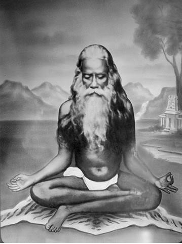 Painted portrait of Achyutadasa, a long-bearded ascetic seated cross-legged in meditation on a mat, mountains and a temple behind.