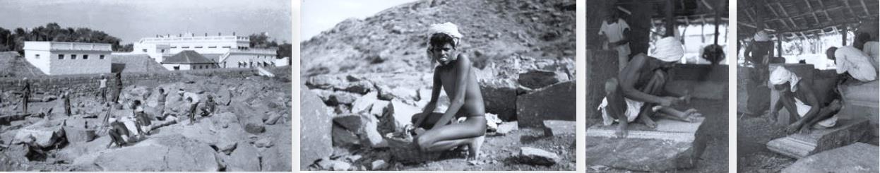 A single strip of four black-and-white photographs: workers on a rocky site with white buildings behind; a young man in a turban seated among cut stone blocks; two views of men carving stone slabs under a thatched shed. Whole picture.