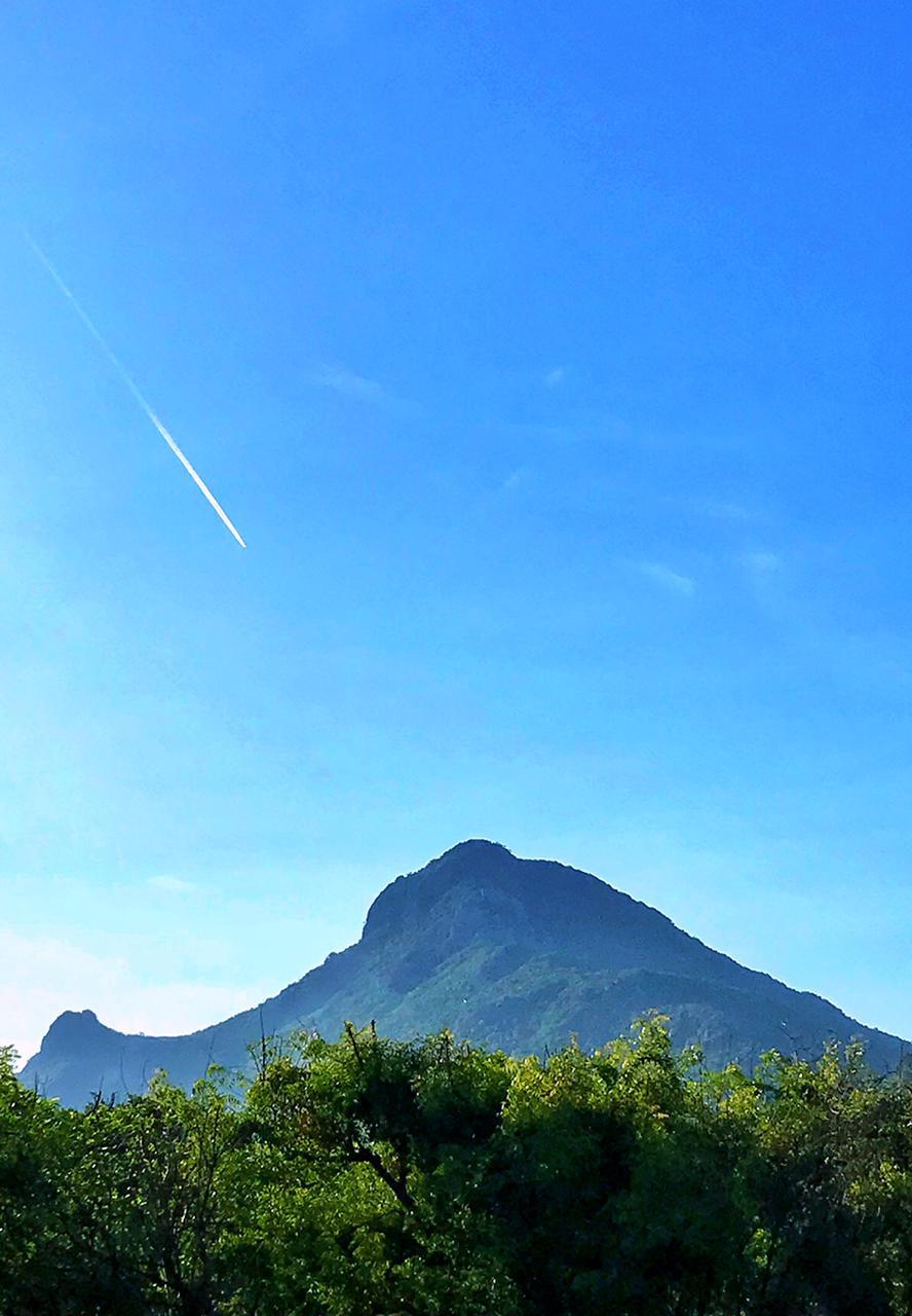 Colour photograph of Arunachala hill under a clear blue sky, green trees in the foreground, with a long white streak crossing the sky at upper left.