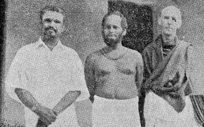 Swami Muktananda (centre), with Ashram President T.N.Venkataraman and Arthur Osborne