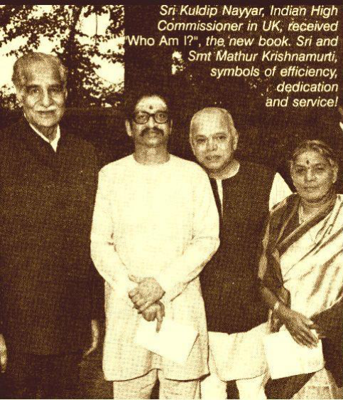 Sri Kuldip Nayyar, Indian High Commissioner in UK, received "Who Am I?", the new book. Sri and Smt Mathur Krishnamurti, symbols of efficiency, dedication and service!
