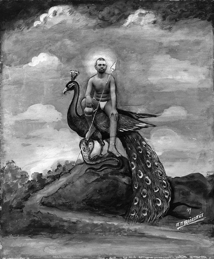 Painting by Rajam of Bhagavan seated on peacock