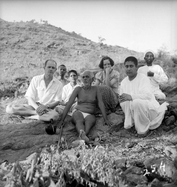 Mrs. Noye seated behind Sri Bhagavan on the Hill (Lakshman Joo is to the left of Sri Bhagavan)