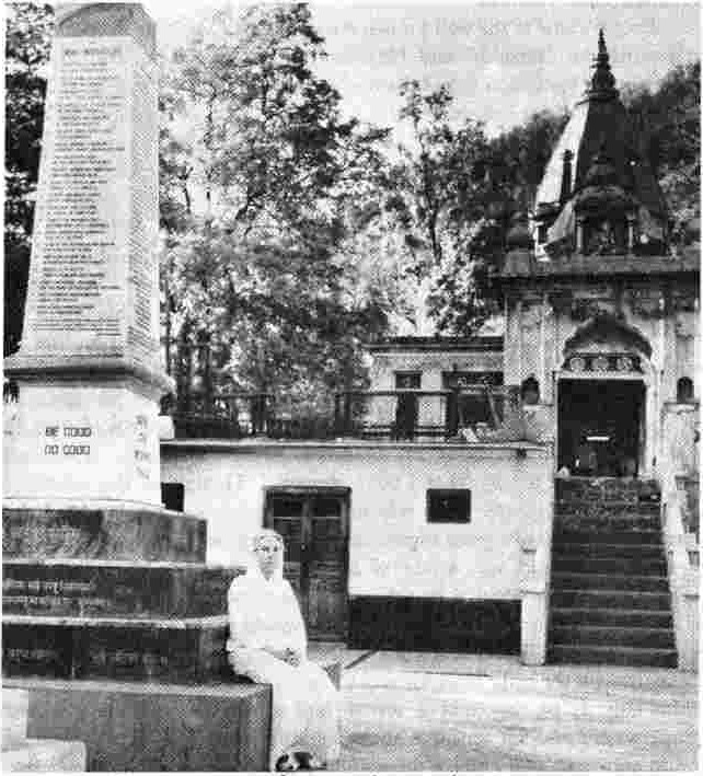 The Sivananda pillar with the temple in the background