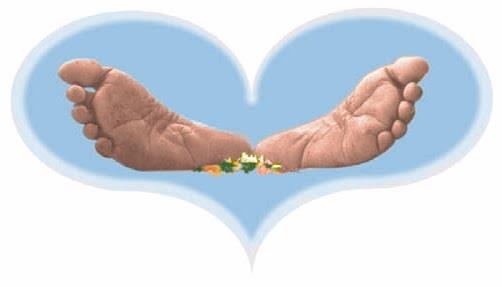 Sri Bhagavan's Lotus Feet with flowers inside a blue heart shape