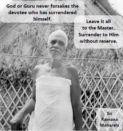 black-and-white photo of Sri Ramana Maharshi standing before a thatched wall with lattice fence; three text boxes printed on the picture (transcribed in the following block)