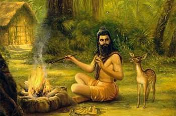 painting: Bharata seated by fire with pet deer, hut behind