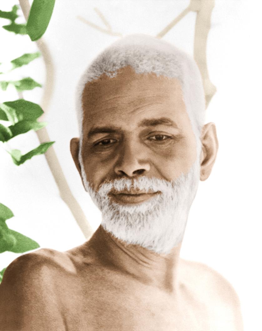 photo of Sri Bhagavan looking down, colourised, with leaves behind