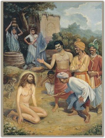 painting of King Rishabha seated in an exalted state, mocked by villagers