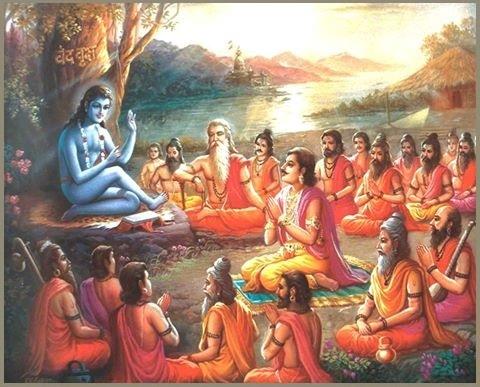 painting of Sage Suka teaching King Parikshit among seated sages