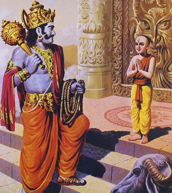 painting of Yama with mace and rope of beads facing young Nachiketa with folded hands, buffalo head below