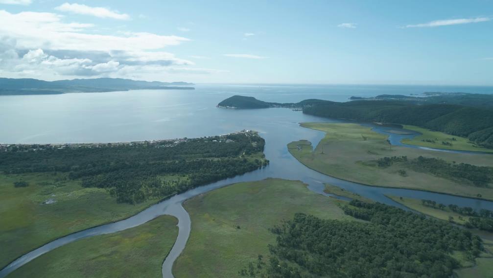 aerial photo of a river meeting the sea