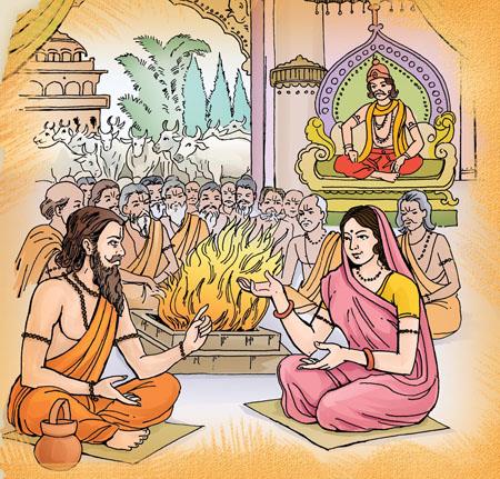 colour illustration of Yajnavalkya answering Gargi before an assembly
