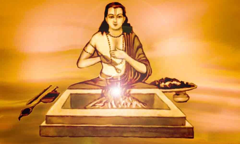 painting of Upakosala seated before the sacred fire