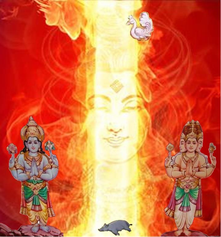 colour picture of the Arunachala Stambha, huge column of light, with Lord Maha Vishnu and Lord Brahma