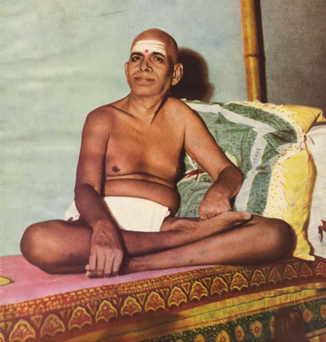 colour photo of Sri Bhagavan seated cross-legged on a couch with cushions (no caption printed)