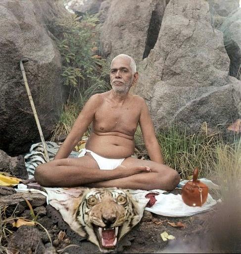 photo, Sri Bhagavan seated in front of a huge rock on the hill (per caption)