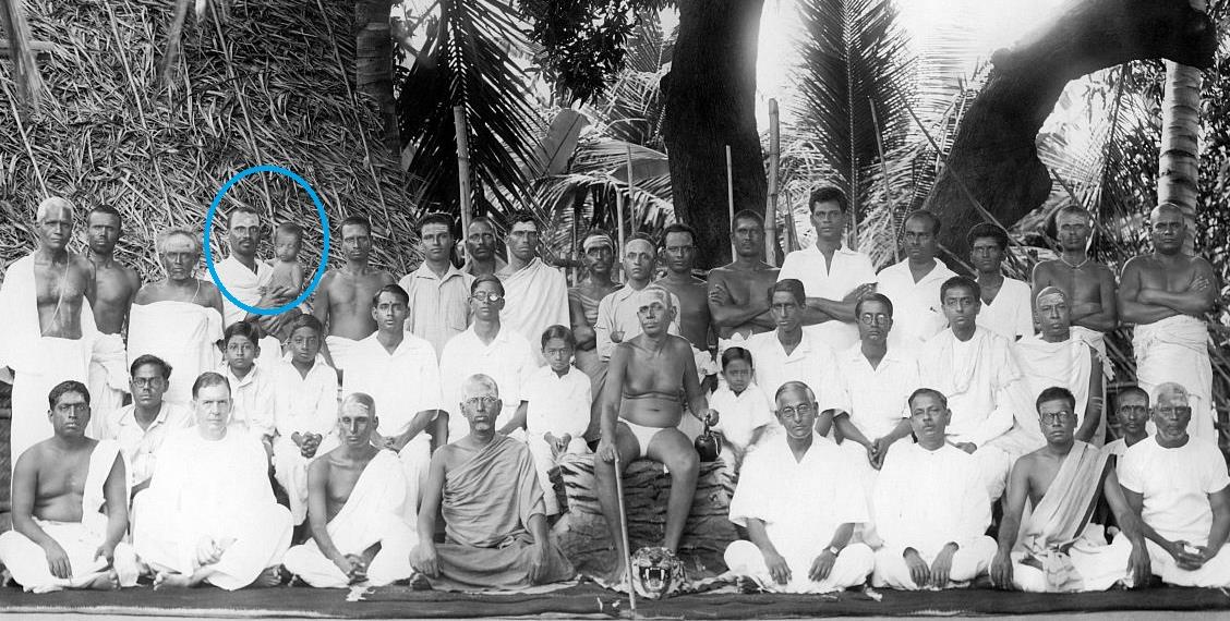 group photo of Old Devotees with Sri Bhagavan, one figure circled