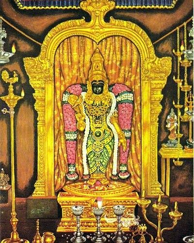 colour picture of the sanctum sanctorum of Mother Meenakshi in Madurai, standing deity figure in a golden shrine