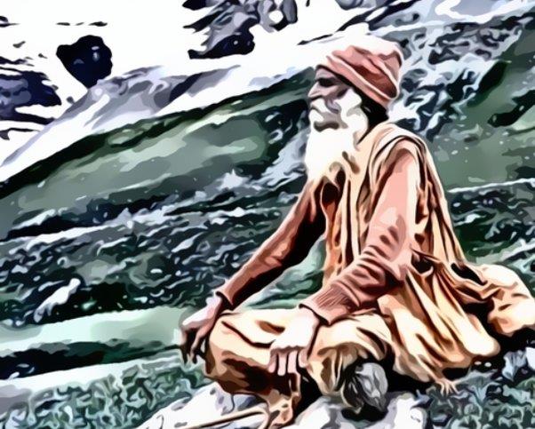 stylised painting of a bearded Sage in orange robes seated among snowy mountains