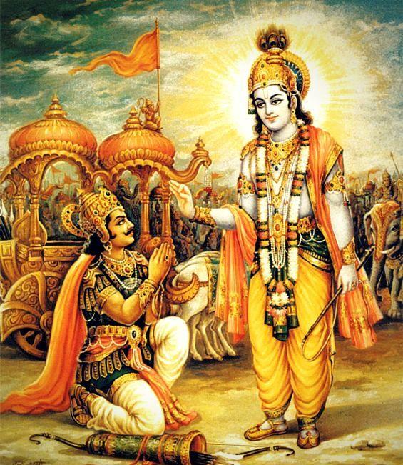 painting of Lord Krishna and Arjuna in chariot on battlefield