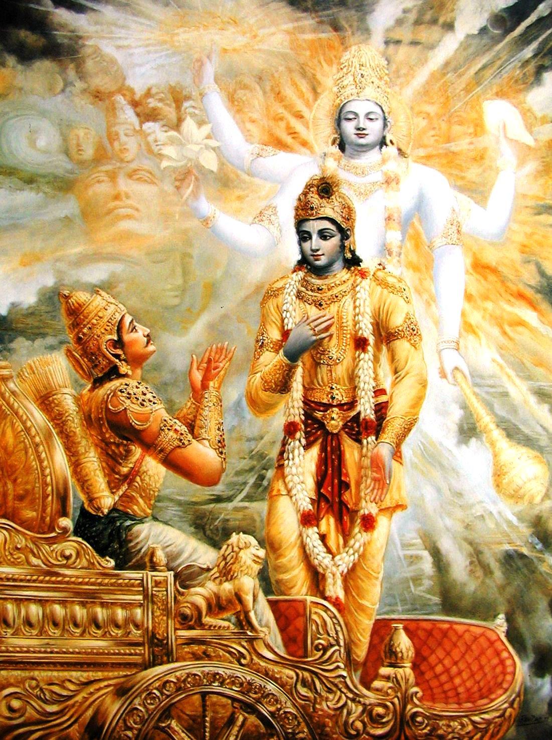 painting of Sri Krishna standing in a chariot with Arjuna kneeling in prayer, and the cosmic form (Visvarupa) rising behind them