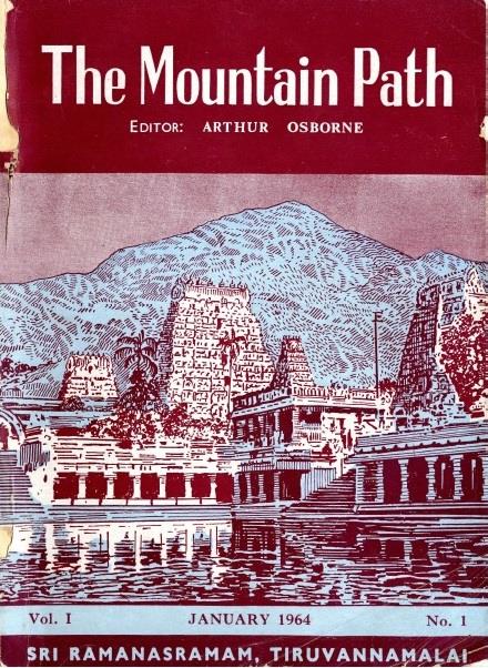 colour cover of the first issue of The Mountain Path, Vol. I, January 1964, No. 1 (Editor: Arthur Osborne), Sri Ramanasramam, Tiruvannamalai; set at right with text wrapping