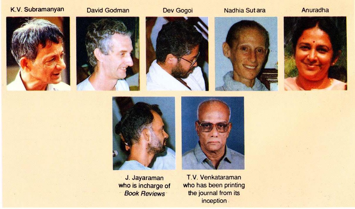 colour photo panel of seven portraits with printed name captions inside the picture: K.V. Subramanyan, David Godman, Dev Gogoi, Nadhia Sutara, Anuradha, J. Jayaraman who is incharge of Book Reviews, T.V. Venkataraman who has been printing the journal from its inception