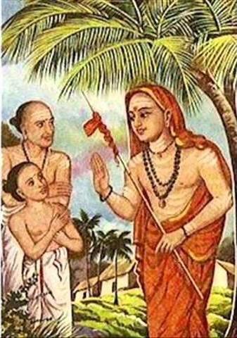 painting of Adi Shankaracharya with a Brahmin man and boy (Hastamalaka) under palm trees