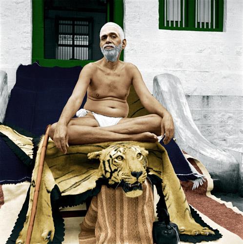 photo of Sri Bhagavan seated cross-legged on a couch with tiger skin, in front of a white wall