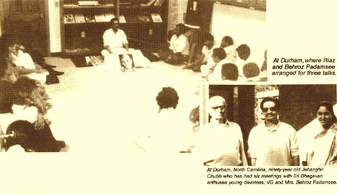 collage of photographs at Durham: Ganesan seated giving a talk; group of three with Jehanghir Chubb