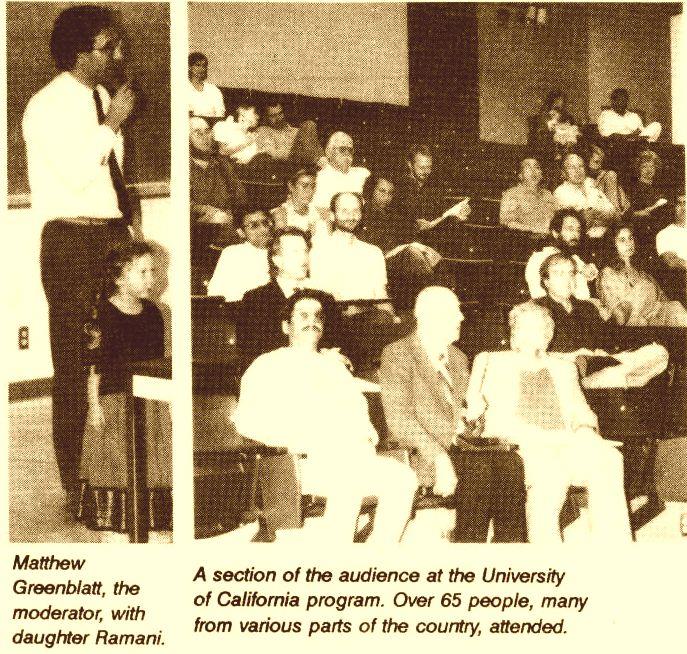 collage: Matthew Greenblatt speaking with daughter Ramani; audience at University of California program