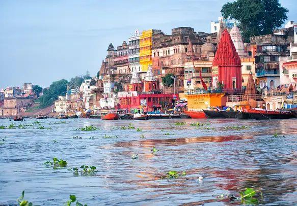 photo of the Ganga river front with ghats and temples