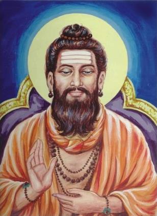 painting of Allama Prabhu, seated figure with halo, orange robe, hand raised