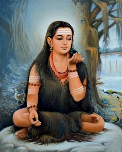 painting of Akka Mahadevi seated, long hair, by a waterfall