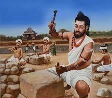 painting of Siddharama carving stone with a hammer and chisel, workers behind, temple in background