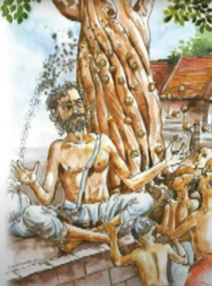 drawing of Uppukootan seated, throwing salt, children around