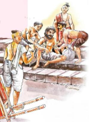 drawing of men with a palanquin and Uppukootan sitting on veranda steps with salt sack