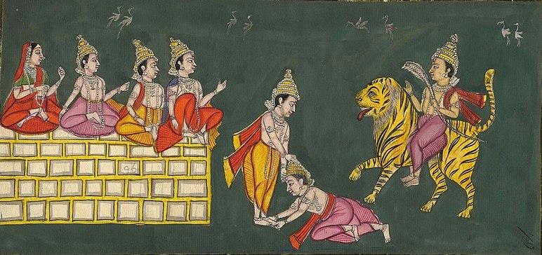 painting of Muktabai, Sopan, Jnaneswar and Nivruttinath seated on a wall, Changdev on a tiger bowing to Jnaneswar