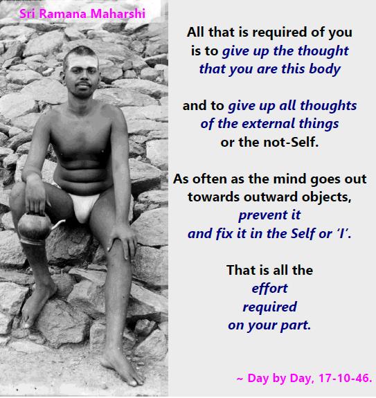quotation card: black-and-white photograph of young Sri Bhagavan seated on rocks holding a kamandalu, with the words "Sri Ramana Maharshi" at top left, and a grey right-hand panel of centred text (transcribed in the following block)